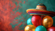  Fiesta cinco de mayo, balloons and sombrero hat, yellow green red background. copy space. 