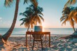 Minimalist Beach Office at Sunset: Remote Worker Finds Serenity and Inspiration in a Simplistic Seaside Workspace, Embracing the Calm and Beauty of Tropical Freelancing.