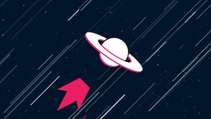 Poster - Saturn symbol flies through the universe on a jet propulsion. The symbol in the center is shaking due to high speed. Seamless looped 4k animation on dark blue background with stars