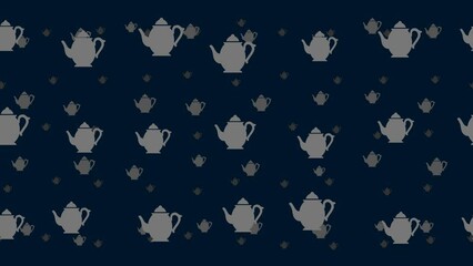 Poster - Teapots float horizontally from left to right. Parallax fly effect. Floating symbols are located randomly. Seamless looped 4k animation on dark blue background