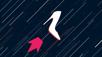 Poster - High heel shoe symbol flies through the universe on a jet propulsion. The symbol in the center is shaking due to high speed. Seamless looped 4k animation on dark blue background with stars