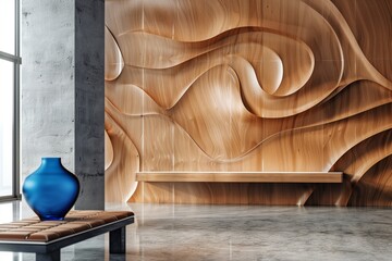 Wall Mural - A blue vase is displayed on a wooden bench against a wooden wall, adding a touch of art to the houses interior design. The hardwood flooring complements the wood stain on the bench