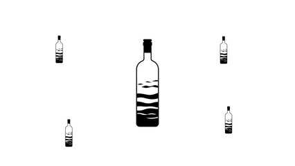 Poster - Zoom in and out animation the the world in a bottle symbol. Large black symbol in the center and four small symbols around. Seamless looped 4k animation on white background