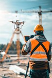 Fototapeta  - A contractor using advanced technology such as drones and laser levels for site surveying and precision measurements, improving efficiency and accuracy in construction projects, Generative AI