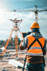 Wall Mural - A contractor using advanced technology such as drones and laser levels for site surveying and precision measurements, improving efficiency and accuracy in construction projects, Generative AI