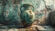 a painting of a still life arrangement of aged painted vases  , turquoise color, resting on a weathered wooden table, art work for wall art, home decor and wallpaper 