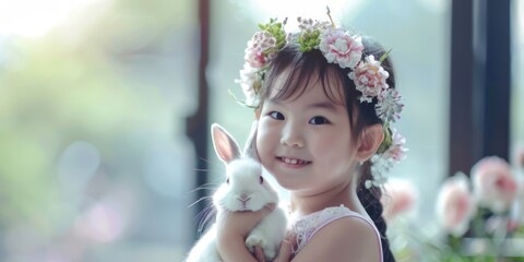 Wall Mural - portrait photo, cute little girl with flowers in her hair, holding baby rabbit in her hand