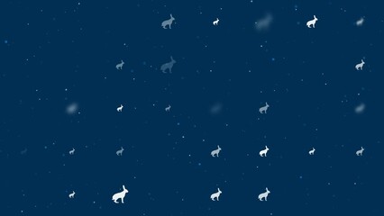 Poster - Template animation of evenly spaced hare symbols of different sizes and opacity. Animation of transparency and size. Seamless looped 4k animation on dark blue background with stars