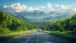 A car is cruising along an asphalt road, surrounded by grass, trees, and mountains in the distance under a cloudy sky, creating a stunning natural landscape