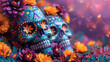  Mask day of the dead, sugar skulls, colorful, flowers, top angle, right copy space.