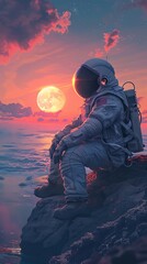 Seaside astronaut, gazing at far planet, dawn radiance, birdseye view, digital painting, horizon beyond reach