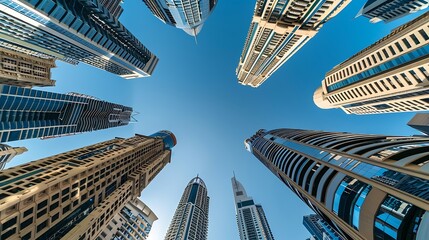 Generative AI : Looking up to high-rise office buildings, skyscrapers, architectures in financial district with blue sky. 