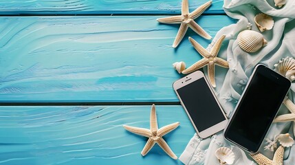 Poster - Generative AI : Creative flat lay concept of summer travel vacations. Top view of beach towel smartphone seashells starfish 