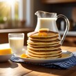 A jug of milk and pancakes sprinkled with condensed milk on a wooden table in a bright kitchen illuminated by the sun