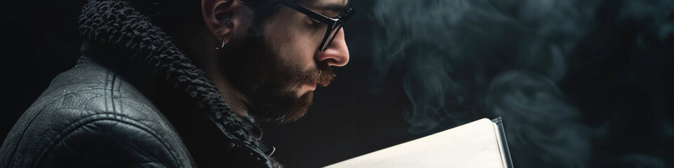 Wall Mural - A side profile of a man with glasses focused on reading, surrounded by wisps of smoke against a dark background