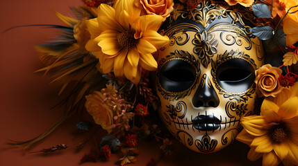 Wall Mural - Mask day of the dead, woman sugar skulls, colorful, flowers, top angle, right copy space.