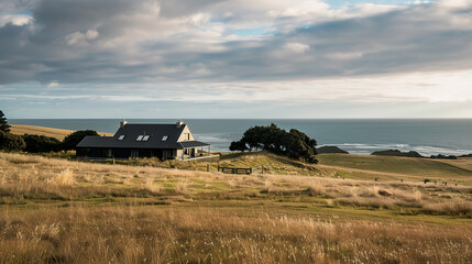 Canvas Print - A modern farm house amongst fields next to the ocean. Professional landscape photography