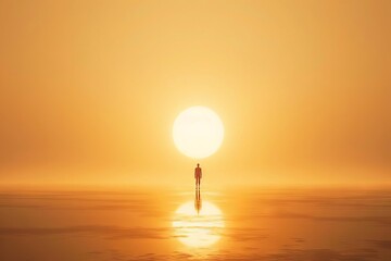 Wall Mural - A serene, minimalist depiction of a lone figure standing before a vast, divine light, symbolizing spiritual awakening and enlightenment