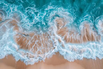Wall Mural - Aerial View of Turquoise Ocean Waves Crashing on Sandy Beach, Vibrant Seascape Drone Photography