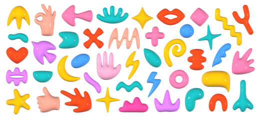 Fototapete - Mega set of trend abstract 3d shapes in cartoon style. Collection of realistic decorative elements for design in soft multicolored colors. Y2K.  Vector 3d shapes Isolated on white background.