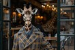 Giraffe wearing a stylish coat seated at a cafe. Quirky and creative concept perfect for unique advertising, fashion, and surreal art designs
