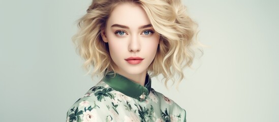 Canvas Print - A female with blonde hair wearing a vibrant green blouse, standing in an indoor setting