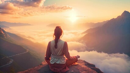 Canvas Print - A woman sits atop a majestic mountain as the radiant colors of the sunset adorn the horizon, Young woman meditating at dawn on a mountain with panoramic views, AI Generated