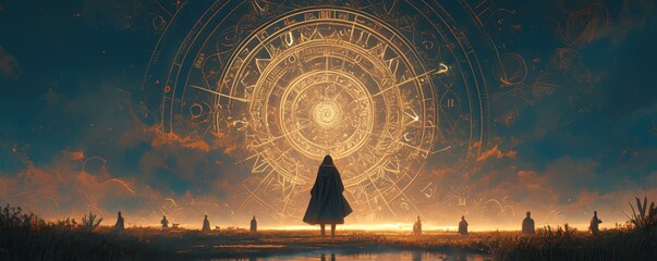 Wall Mural - Ancient circular clock with glowing runes floating in the air above a mystical lake, surrounded by figures representing each zodiac sign casting long shadows on dark red sky at night