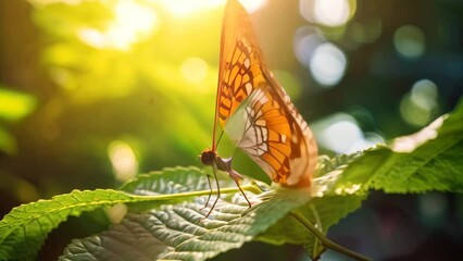 Wall Mural - Butterfly on leaf with sunlight in the morning, Thailand, Butterfly on a leaf in the morning light, Close-up, AI Generated