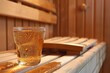 closeup of dewy tea glass on wooden sauna bench