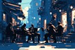 A group of musicians playing jazz music on the streets of an old city at night,