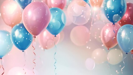 Wall Mural - Colorful balloons on white background. Happy Birthday. Space for text, Celebratory background with pink and blue balloons, confetti, sparkles, lights, AI Generated