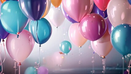 Wall Mural - Colorful balloons background with bokeh effect. 3D Rendering, Celebratory background with pink and blue balloons, confetti, sparkles, lights, AI Generated