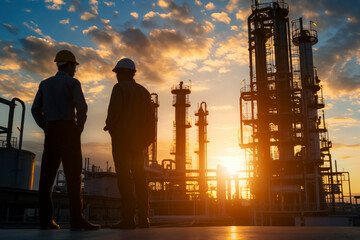 industrial sunset, two engineer men standing on a platform overlooking a large industrial plant. the