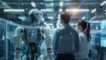 Poster - Futuristic, humanoid robot, A robot is standing in front of two people, one of whom is wearing a tie. The robot is surrounded by a futuristic environment, with a computer screen background, curiosity