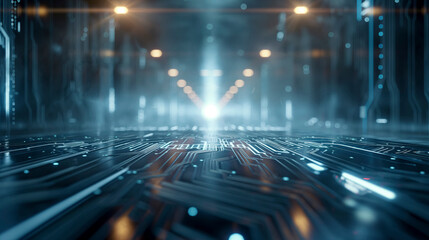 Poster - A computer chip is shown in a dark room with a bright light shining on it. Concept of technology and innovation, as well as the importance of the computer chip in modern society