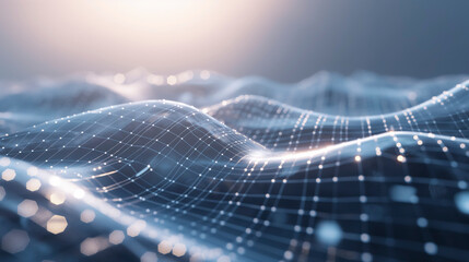 Poster - A computer generated image of a wave with a lot of dots. The image has a futuristic and abstract feel to it