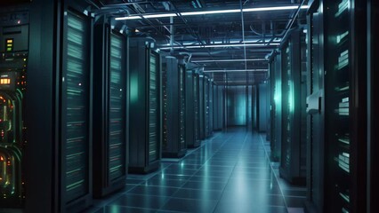Poster - A photograph showcasing multiple rows of servers in a data center, highlighting the efficiency and reliability of a well-organized digital infrastructure, Data center server room, AI Generated