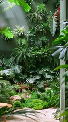  An indoor oasis featuring tropical greenery, white backdrop, nature decor, tranquil vibe, biophilic design.