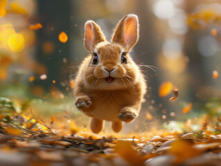 Cute rabbit running in the forest at the sunny autumn day