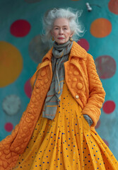 Wall Mural - Beautiful senior woman in yellow coat