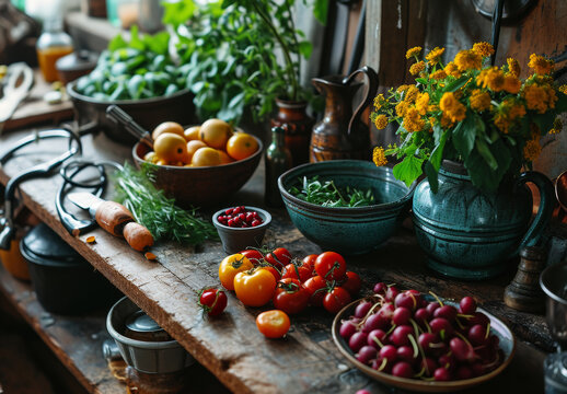 Different fresh vegetables and fruits on the wooden table in the kitchen