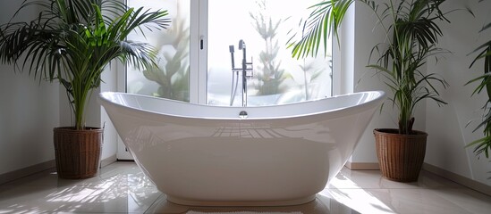 Sticker - A bathtub is placed in a bathroom with a green plant situated in the corner