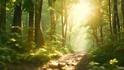 Wall Mural - A serene forest path with dappled sunlight filtering through the towering trees, Lush green forest at sunrise, hyper realistic, AI Generated