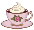 Vintage cup of cacao,  coffee, or hot chocolate with whipped cream on top