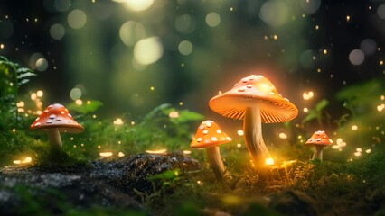 Canvas Print - A cluster of mushrooms rests peacefully in the lush green grass., Mushrooms in the forest with a bokeh background, 3D rendering, AI Generated