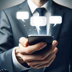 Hand Holding Smartphone with Floating Text Bubbles