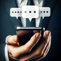 Hand Holding Smartphone with Floating Text Bubbles