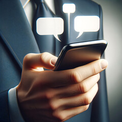 Hand Holding Smartphone with Floating Text Bubbles