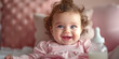 cute little baby girl with bottle of milk in nursery. Banner with copyspace. Shallow depth of field.